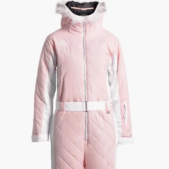 Tipsy Elves Snowsuit Ski Women Hood Pink Waterproof Ski Suit Faux Fur Medium NWT - Picture 3 of 4